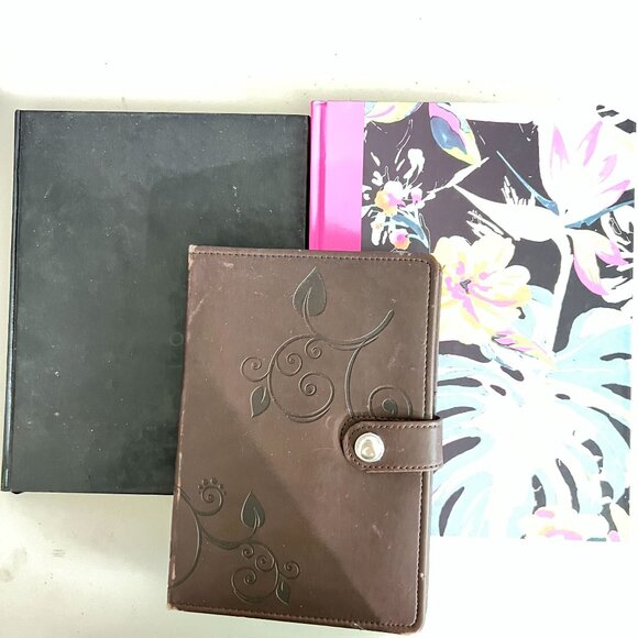 Set Of 3 Notebooks Floral Hardcover Plain Black Floral Brown Leather-Look Unused - Picture 1 of 4